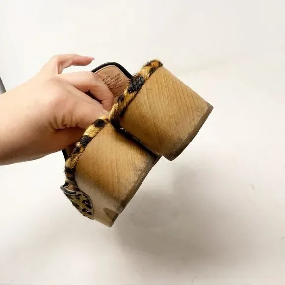 J. Crew Calf Pony Hair Cheetah Leopard Print Wooden Clogs Size 6 - Picture 7 of 9